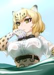  2017 animal_humanoid armwear blonde_hair breasts clothing elbow_gloves feline female fur_collar gloves hair hiraki_ajino humanoid jaguar_(kemono_friends) jaguar_humanoid kemono_friends mammal ribbons shirt signature spots water wet yellow_eyes 