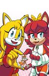  anthro archie_comics blue_eyes bow canine chauvels clothing dress eyelashes female fingerless_gloves fiona_fox fox frown fur gloves group larger_female male mammal micro miles_prower multi_tail open_mouth open_smile orange_fur red_fur size_difference smaller_male smile sonic_(series) sonic_boom yellow_fur zooey_the_fox 