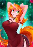  clothed clothing cutie_mark ear_piercing equine fan_character green_eyes hair hands_behind_head hi_res horn koveliana mammal my_little_pony navel orange_hair piercing solo unicorn wide_hips 