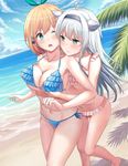  :&lt; absurdres ahoge animal_ears bangs beach bikini blonde_hair blue_bikini blue_eyes blush breast_envy breast_grab breasts cleavage closed_mouth cloud cloudy_sky collarbone day fisheye frilled_bikini frilled_bikini_top frills grabbing grabbing_from_behind green_eyes groping hair_ornament hairband hand_under_clothes highres horizon large_breasts long_hair looking_at_another md5_mismatch mizuha_(zxass0612) multiple_girls navel ocean one_eye_closed outdoors palm_tree red_bikini rokudenashi_majutsu_koushi_to_akashic_record rumia_tingel shore short_hair side-tie_bikini silver_hair sistine_fiber sky standing strap_gap sunlight surprised swimsuit tree underboob v-shaped_eyebrows wince x_hair_ornament 