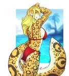  anthro beach bikini blonde_hair breasts butt clothing feline female hair looking_back mammal seaside shariea smile solo standing swimsuit 