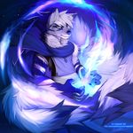  2017 5_fingers angiewolf anthro arctic_wolf blue_fur blue_nose canine clothed clothing fur hair looking_at_viewer magic male mammal pale_eyes scarf solo white_fur white_hair wolf 
