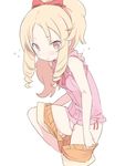  bikini bikini_under_clothes blade_(galaxist) blonde_hair blush bow closed_mouth cowboy_shot eromanga_sensei eyebrows_visible_through_hair from_side hair_bow knee_up long_hair looking_at_viewer pajamas ponytail red_bow ringlets short_sleeves shorts sidelocks simple_background solo striped striped_bikini swimsuit tears thighs underwear undressing wavy_mouth white_background yamada_elf 