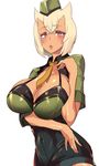  blonde_hair blush breast_hold breasts cleavage covered_navel destiny_child green_leotard hat highres horns huge_breasts leotard lips looking_at_viewer military military_uniform mona_(destiny_child) necktie open_mouth pocari_sweat_(artist) red_eyes simple_background solo uniform white_background 
