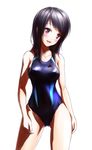  :3 :d bangs black_hair blue_swimsuit blush breasts collarbone commentary_request competition_swimsuit covered_navel cowboy_shot eyebrows_visible_through_hair hips ina legs_apart long_hair medium_breasts one-piece_swimsuit open_mouth original simple_background smile solo swimsuit thighs white_background 