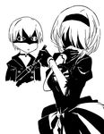  1girl bangs blade_(galaxist) blindfold blush covering_mouth drawn_on_eyes dress greyscale hairband hand_up holding laughing marker monochrome nier_(series) nier_automata parted_lips short_hair yorha_no._2_type_b yorha_no._9_type_s 