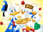  2017 avian beak bird birthday birthday_cake blue_sclera bottomless bow_tie cake clothed clothing dewey_duck digital_media_(artwork) disney donald_duck duck eyes_closed feathers food fruit gradient_background group harara hat head_tuft holding_object huey_duck laugh louie_duck messy one_eye_closed open_mouth open_smile pointing prank shirt shocked simple_background smile spring strawberry surprise tail_feathers tongue tongue_out tuft white_feathers yellow_beak 