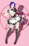  absurdres alternate_costume apron bell black_legwear braid chikujouin_magane dress earrings enmaided full_body hair_bell hair_ornament heart heart_hands highres jewelry looking_at_viewer magic_circle maid one_eye_closed pentagram purple_hair re:creators rei_kun sharp_teeth single_earring smile solo standing teeth thighhighs tied_hair torii_earrings white_apron 