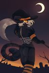  anthro butt clothed clothing feline female garter glowing glowing_eyes halloween hat holidays mammal markings melee_weapon moon polearm scythe solo standing topless v-i weapon witch_hat 
