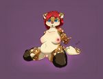  absurd_res anthro belly blue_eyes breasts clothing dizmal feline freckles hair hi_res legwear leopard lipstick looking_at_viewer makeup mammal markings navel nipples pink_nose pussy red_hair slightly_chubby solo spread_legs spreading stockings thick_thighs 