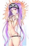  arched_back bangs bare_shoulders bikini blush breasts covered_nipples cowboy_shot fate/grand_order fate/hollow_ataraxia fate_(series) from_side groin hairband jewelry lolita_hairband long_hair looking_at_viewer micro_bikini navel parted_bangs parted_lips purple_eyes purple_hair small_breasts smile solo stheno swimsuit thighs twintails untsue very_long_hair 