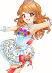  absurdres aikatsu! aikatsu!_(series) alternate_costume alternate_hairstyle armpits bare_shoulders blush bow brown_hair commentary_request cowboy_shot daifuki dress gloves highres jewelry long_hair looking_at_viewer necklace oozora_akari open_mouth outstretched_arms red_eyes smile solo spread_arms tiara white_gloves 