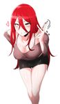  ass_visible_through_thighs bent_over bike_shorts blush breasts brown_eyes cleavage collarbone covered_nipples grin hair_between_eyes heart highres large_breasts long_hair no_bra pen pocari_sweat_(artist) red_hair simple_background smile solo thigh_gap very_long_hair white_background 