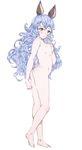  absurdres animal_ears ass barefoot blue_hair blush breasts bunny_ears erune ferry_(granblue_fantasy) flat_ass full_body granblue_fantasy highres long_hair looking_at_viewer niko_(tama) nipples nude simple_background small_breasts solo wavy_hair white_background yellow_eyes 