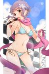  bad_id bad_pixiv_id bikini blue_bikini breasts cowboy_shot flower hair_flower hair_ornament idolmaster idolmaster_million_live! lens_flare makabe_mizuki medium_breasts microphone navel open_mouth pink_scarf purple_hair scarf short_hair side-tie_bikini solo sweat swimsuit vyo yellow_eyes 