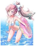  bikini bow breasts brown_eyes brown_hair cleavage commentary_request doughnut_innertube front-tie_top hair_bow heterochromia highres iesupa innertube medium_breasts multicolored_hair navel neo_(rwby) pink_eyes pink_hair rwby side-tie_bikini smile swimsuit tongue tongue_out transparent wading water 