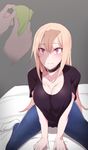  bed black_shirt blonde_hair blush breasts choker cleavage commentary_request denim highres jeans korean large_breasts long_hair money original pants pocari_sweat_(artist) prostitution purple_eyes shirt sweat t-shirt wide-eyed 