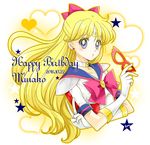  aino_minako bishoujo_senshi_sailor_moon blonde_hair blue_eyes blue_sailor_collar bow brooch character_name choker crescent dated earrings facial_mark forehead_mark gloves hair_bow half_updo happy_birthday heart jewelry long_hair looking_at_viewer magical_girl mask mask_removed parted_lips pink_bow red_bow sailor_collar sailor_senshi_uniform sailor_v sarashina_kau signature solo star upper_body white_background white_choker white_gloves 