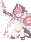  :d arm_up armor bangs bikini bikini_armor black_legwear blade_(galaxist) blue_eyes cropped_legs elizabeth_bathory_(brave)_(fate) elizabeth_bathory_(fate) elizabeth_bathory_(fate)_(all) fang fate/grand_order fate_(series) holding holding_shield holding_sword holding_weapon horns ibaraki_douji_(fate/grand_order) legs_apart loose_bikini multiple_girls navel open_mouth pink_hair red_armor red_bikini shield sidelocks smile solo_focus swimsuit sword tail thighhighs tiara weapon 