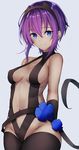  anza_tomo arms_behind_back bangs bare_shoulders black_hairband black_legwear blue_eyes blue_flower blush breasts center_opening dark_skin detached_sleeves fate/prototype fate/prototype:_fragments_of_blue_and_silver fate_(series) flower hair_between_eyes hairband hassan_of_serenity_(fate) hips looking_at_viewer looking_to_the_side medium_breasts navel purple_hair revealing_clothes ribbon short_hair sideboob simple_background smile solo 