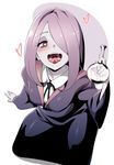  arm_support blush dripping drooling from_above hair_over_one_eye heart highres kneeling little_witch_academia long_hair looking_at_viewer naughty_face open_mouth pale_skin pocari_sweat_(artist) purple_eyes purple_hair robe sexually_suggestive solo sucy_manbavaran suggestive_fluid test_tube tongue tongue_out uvula 