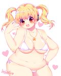  :d artist_name belly bikini blonde_hair blush breasts cowboy_shot eyebrows_visible_through_hair fat fat_folds headphones heart heart_background huge_breasts inioli jewelry nail_polish necklace nitroplus open_mouth orange_eyes shiny shiny_hair short_twintails side-tie_bikini smile solo star star_necklace super_pochaco swimsuit thick_thighs thighs twintails yellow_nails 