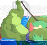 anthro collar crocodile crocodilian duo erection grandall_(artist) grandall_(character) humanoid_penis leash licking male male/male musclegut muscular oral penis penis_lick reptile scalie sex smile swimming_pool tongue tongue_out 