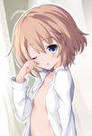  blanc blue_eyes brown_hair iwasi-r looking_at_viewer neptune_(series) one_eye_closed open_clothes open_shirt rubbing_eyes shirt short_hair sleepy solo upper_body waking_up 