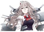 black_corset bow bowtie breasts brown_eyes detached_sleeves grey_hair hat kantai_collection large_breasts long_hair long_sleeves morinaga_miki pola_(kantai_collection) red_bow red_neckwear rigging shirt simple_background solo turret upper_body white_background white_shirt 