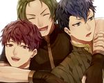  akke black_hair blue_eyes blue_hair closed_eyes fire_emblem fire_emblem_echoes:_mou_hitori_no_eiyuuou force_(fire_emblem) green_eyes green_hair hug hug_from_behind looking_at_viewer lukas_(fire_emblem) male_focus multicolored_hair multiple_boys open_mouth paison portrait red_eyes red_hair simple_background smile teeth two-tone_hair white_background 