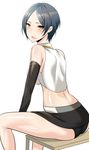  ass back bare_shoulders black_hair black_panties blush chair crop_top elbow_gloves gloves hayami_kanade idolmaster idolmaster_cinderella_girls looking_at_viewer looking_back miniskirt open_mouth panties pocari_sweat_(artist) short_hair sitting skirt smile solo underwear yellow_eyes 