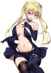  1girl :p animal_print bare_shoulders belt belt_buckle black_gloves black_legwear black_panties black_shorts blonde_hair blush breasts buckle butterfly_print collarbone elbow_gloves erect_nipples eyebrows_visible_through_hair gloves hair_between_eyes highleg highleg_panties highres large_breasts lieselotte_sherlock lifted_by_self lips long_hair looking_at_viewer navel panties purple_eyes revealing_clothes short_shorts shorts sideboob simple_background sitting smile strap_gap strap_pull thighhighs tomohiro_kai tongue tongue_out trinity_seven tsurime twintails underwear white_background 