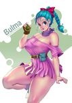  1girl 80s artist_name bare_legs braid breasts bulma curvy dragon_ball female large_breasts long_hair looking_at_viewer no_bra ponytail shiny_skin smile 