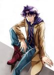  boots cigarette denim facial_hair goatee highres hood hood_down hoodie jeans kusanagi_shouichi looking_at_viewer male_focus pants purple_hair red_footwear silver_eyes sitting smoking solo trench_coat yuu-gi-ou yuu-gi-ou_vrains yuuheisyoujyo 