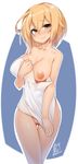  ahoge ass_visible_through_thighs blonde_hair blush breasts collarbone covering highres large_breasts looking_at_viewer nipples nude_cover one_breast_out original pussy short_hair signature solo thigh_gap tilt-shift towel yellow_eyes 