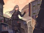  2boys black_gloves braid cup drinking_straw fingerless_gloves g36c_(girls_frontline) girls_frontline gloves grey_hair gun hair_over_one_eye highres holding holding_gun holding_weapon index_finger_raised itoucon long_hair looking_at_another multiple_boys pointing red_eyes smile weapon 