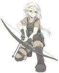  androgynous arrow blade_(galaxist) blonde_hair bow_(weapon) closed_mouth commentary_request elf erik_burton forehead full_body green_eyes hair_between_eyes holding holding_bow_(weapon) holding_weapon load_bearing_vest long_hair looking_to_the_side male_focus military_operator one_knee pointy_ears pop-up_story short_sleeves simple_background smile solo weapon white_background 