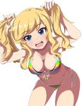  ass_visible_through_thighs bikini blonde_hair blue_eyes blush breasts cleavage front-tie_top groin horizontal_stripes idolmaster idolmaster_cinderella_girls looking_at_viewer medium_breasts mitche navel ootsuki_yui open_mouth raised_eyebrows side-tie_bikini solo striped swimsuit twintails white_background 