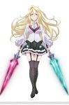  1girl armor bangs black_boots black_legwear blazer blonde_hair blue_eyes boots breasts claudia_enfield dengeki dual_wielding faulds floating_hair full_body fur_trim gakusen_toshi_asterisk garter_straps glowing glowing_sword glowing_weapon hair_between_eyes hair_intakes half-closed_eyes holding holding_weapon kawakami_tetsuya large_breasts light_smile long_hair long_sleeves looking_at_viewer neon_trim official_art school_uniform simple_background skirt smile solo standing sword thigh_boots thighhighs transparent_background turtleneck very_long_hair weapon wide_sleeves zettai_ryouiki 