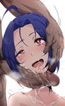  1girl after_fellatio ahoge blue_hair blush censored crying cum cum_in_mouth half-closed_eyes hand_on_another's_cheek hand_on_another's_face heart heart-shaped_pupils highres idolmaster idolmaster_(classic) miura_azusa mosaic_censoring nude open_mouth penis penis_on_face pocari_sweat_(artist) purple_eyes saliva saliva_trail short_hair simple_background streaming_tears symbol-shaped_pupils tears testicles tongue torogao white_background 