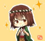 &gt;:) artist_name bodysuit brown_eyes brown_hair brown_skirt chibi commentary_request highres hyuuga_(kantai_collection) japanese_clothes kantai_collection nontraditional_miko short_hair simple_background skin_tight skirt smile solo sparkle taisa_(kari) v-shaped_eyebrows yellow_background 