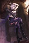  a-er_(akkij0358) belt black_footwear boots cartridge couch crossed_legs fingerless_gloves girls_frontline gloves gun hair_over_one_eye hand_to_head high_heel_boots high_heels highres indoors knee_boots lying mg5_(girls_frontline) pale_skin purple_eyes purple_hair rifle solo torn_clothes weapon 