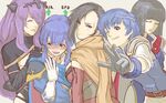  4girls armor belt black_eyes black_hair blue_eyes blue_hair blush breasts brown_eyes camilla_(fire_emblem_if) cape celice_(fire_emblem) circlet closed_eyes embarrassed fire_emblem fire_emblem:_fuuin_no_tsurugi fire_emblem:_seisen_no_keifu fire_emblem:_thracia_776 fire_emblem_heroes fire_emblem_if foreshortening gameplay_mechanics gauntlets girl_sandwich gloves grey_background grin hair_over_one_eye horn_ornament hug hug_from_behind kagerou_(fire_emblem_if) large_breasts long_hair looking_at_viewer looking_back multiple_girls ninja nonji_(sayglo_halo) olwen_(fire_emblem) one_eye_closed open_mouth purple_hair robe sandwiched scarf short_hair sigh smile sweatdrop thany upper_body vest 