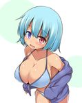  bikini blue_eyes blue_hair blush breasts cleavage cowboy_shot eyebrows_visible_through_hair from_above garasuita heterochromia highres jacket large_breasts leaning_forward looking_at_viewer off_shoulder open_mouth pink_eyes short_hair side-tie_bikini simple_background sleeves_past_wrists solo sweatdrop swimsuit tatara_kogasa touhou 