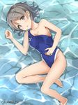  absurdres barefoot blue_eyes blue_swimsuit competition_swimsuit covered_navel grey_hair highleg highleg_swimsuit highres honorikiti looking_at_viewer love_live! love_live!_sunshine!! lying on_side one-piece_swimsuit partially_submerged short_hair solo swimsuit twitter_username watanabe_you water 