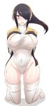  black_hair blush breasts brown_eyes covered_navel covered_nipples curvy emperor_penguin_(kemono_friends) full_body hair_over_one_eye hands_on_own_chest highleg highleg_leotard highres kemono_friends kneeling large_breasts leotard long_hair looking_at_viewer multicolored_hair open_mouth pocari_sweat_(artist) simple_background solo streaked_hair wavy_mouth white_background white_legwear white_leotard 