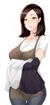  apron blush brown_hair character_request earrings green_eyes jewelry looking_at_viewer open_mouth pocari_sweat_(artist) simple_background solo thigh_gap white_background 