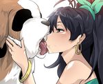  animal antenna_hair bare_shoulders bestiality black_hair blue_eyes blush dog earrings french_kiss from_side ganaha_hibiki high_ponytail hoop_earrings idolmaster idolmaster_(classic) inumi jewelry kiss long_hair open_mouth pocari_sweat_(artist) ponytail saliva st_bernard tongue tongue_out 