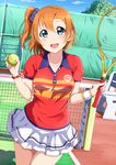  absurdres ball blue_eyes blush bracelet collarbone eyebrows_visible_through_hair highres holding holding_ball jewelry kousaka_honoka looking_at_viewer love_live! love_live!_school_idol_project one_side_up open_mouth orange_hair racket shiokazunoko short_hair skirt smile solo sportswear teeth tennis tennis_ball tennis_court tennis_net tennis_racket tennis_uniform white_skirt 