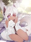  animal_ear_fluff animal_ears bangs bare_legs bare_shoulders black_neckwear blade_&amp;_soul blush buttons closed_mouth collared_shirt dark_skin dark_skinned_male day dress_shirt eyebrows_visible_through_hair eyepatch fingernails flat_chest fox_ears fox_girl fox_tail hair_between_eyes hand_up heart heart-shaped_pupils jewelry long_fingernails long_sleeves looking_at_viewer lyn_(blade_&amp;_soul) male_focus necktie no_bra off_shoulder open_clothes open_shirt otoko_no_ko outdoors purple_eyes shirt short_hair single_earring sitting sleeves_past_wrists smile solo symbol-shaped_pupils tail tsuka white_hair white_shirt yokozuwari 